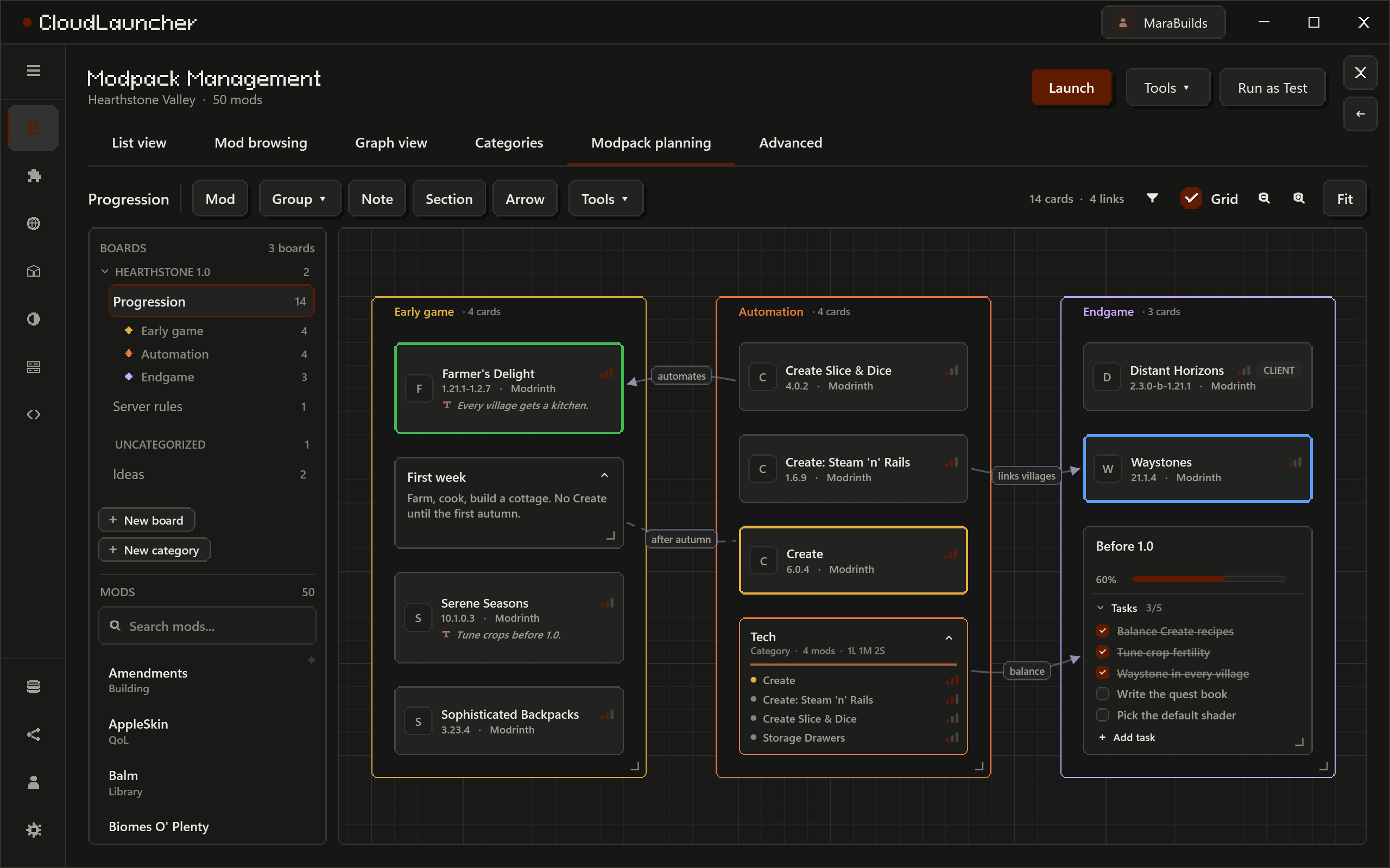 A modpack planning board: sections of mod cards, note cards with task lists and a progress bar, a live group of every mod in the Magic category, and arrows between them.
